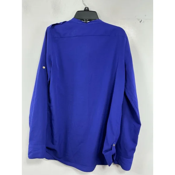 Womans Calvin Klein Button Down Blouse XS Blue Adjustable Sleeves Zip Accent - Picture 2 of 8